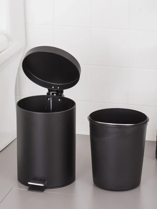 Black Round Lidded Trash Can Foot Pedal Garbage Bin with Removable Liner Bucket for Kitchen Bathroom Hotel 4