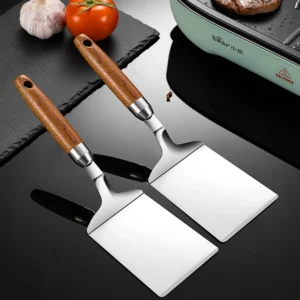 Stainless Steel Square Head Steak Cooking Spatula Wood Handle  Pizza Shovel Pancake Beef Turner Scraper BBQ Utensils For Kitchen