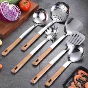 Hangable Wooden Handle Stainless Steel Kitchenware Spatula Soup Spoon Colander Household Cooking Utensils Kitchen Accessories