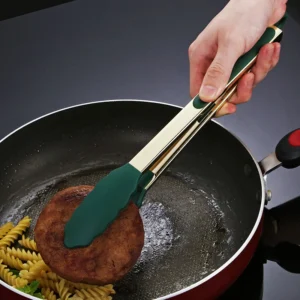 9/12 Inch Green Gold Silicone Food Tongs Stainless Steel BBQ Grill Steak Clip Kitchen Salad Bread Serving Clamp Cooking Utensils