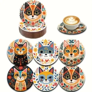 6-Piece Cat-Themed Wood Coaster Set - Vibrant Floral Patterns, Heatproof Drink Pads for Parties & Home Decor (Hand Wash)