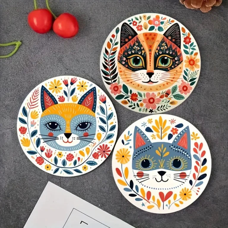 6-Piece Cat-Themed Wood Coaster Set - Vibrant Floral Patterns, Heatproof Drink Pads for Parties & Home Decor (Hand Wash) - Image 4