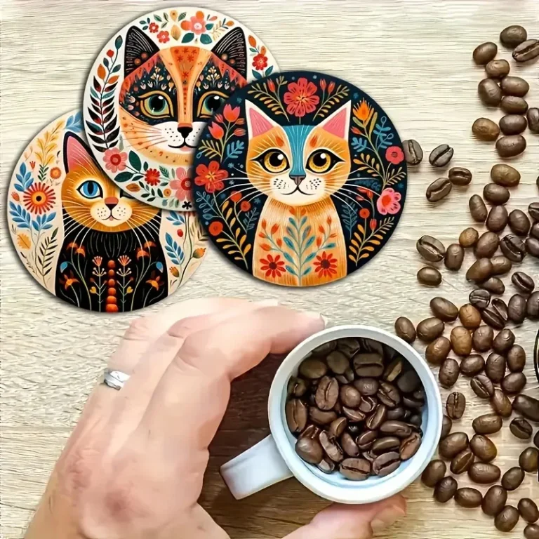 6-Piece Cat-Themed Wood Coaster Set - Vibrant Floral Patterns, Heatproof Drink Pads for Parties & Home Decor (Hand Wash) - Image 5