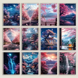 Japanese Cherry Blossoms At Mount Fuji Poster Light Pink City Asian Travel Prints Canvas Painting Wall Pictures Home Room Decor