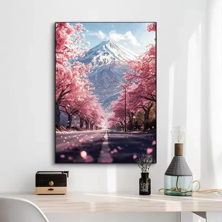 Japanese Cherry Blossoms At Mount Fuji Poster Light Pink City Asian Travel Prints Canvas Painting Wall Pictures Home Room Decor - Image 2