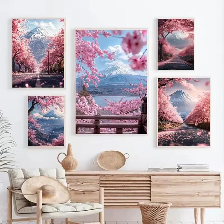 Japanese Cherry Blossoms At Mount Fuji Poster Light Pink City Asian Travel Prints Canvas Painting Wall Pictures Home Room Decor - Image 5