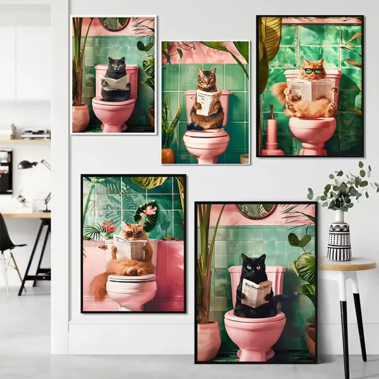 Funny Cat on Toilet Wall Art Cat Reading Newspaper Canvas Posters Print Picture for Home Bathroom Living Room Decor No Frame - Image 2