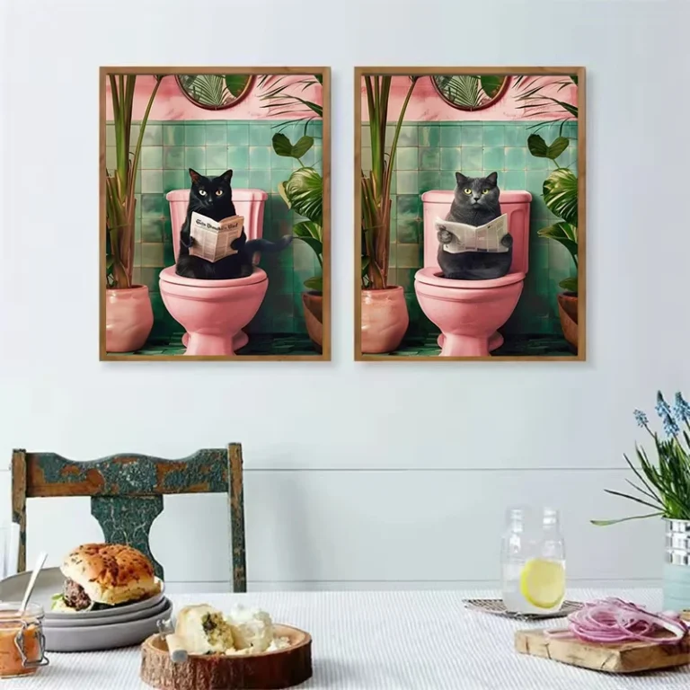 Funny Cat on Toilet Wall Art Cat Reading Newspaper Canvas Posters Print Picture for Home Bathroom Living Room Decor No Frame - Image 3