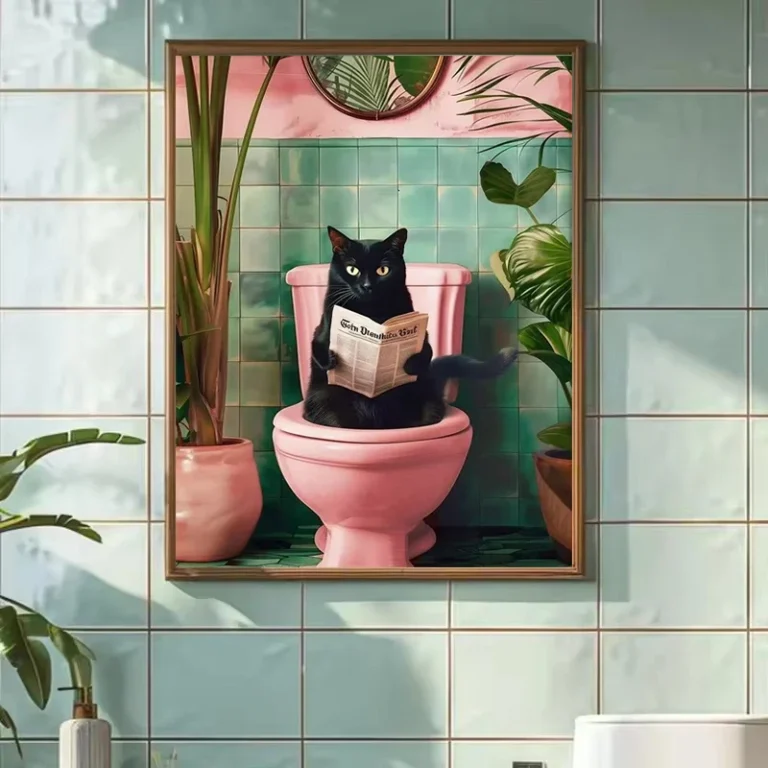 Funny Cat on Toilet Wall Art Cat Reading Newspaper Canvas Posters Print Picture for Home Bathroom Living Room Decor No Frame - Image 4