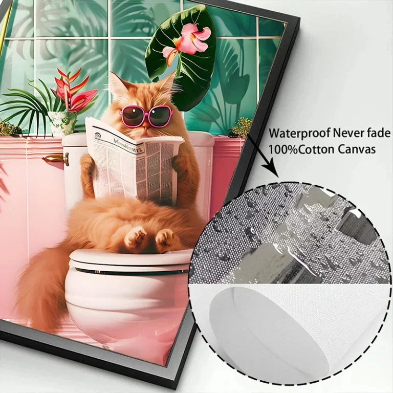 Funny Cat on Toilet Wall Art Cat Reading Newspaper Canvas Posters Print Picture for Home Bathroom Living Room Decor No Frame - Image 6