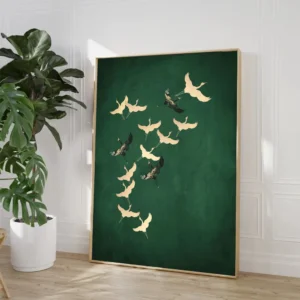 Green and Gold Japanese Cranes Poster Minimalism Canvas Painting Bird Wall Art Print for Living Room Home Decor Cuadros