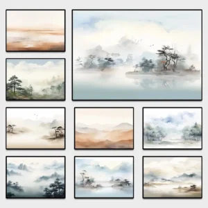 Japandi Mountain Wall Art Japanese Watercolor Wash Abstract Poster Neutral Minimalist Canvas Print Zen Office Scandinavian Decor