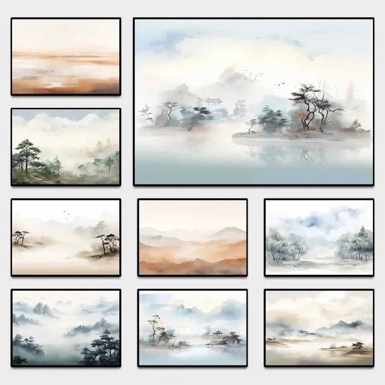 Japandi Mountain Wall Art Japanese Watercolor Wash Abstract Poster Neutral Minimalist Canvas Print Zen Office Scandinavian Decor