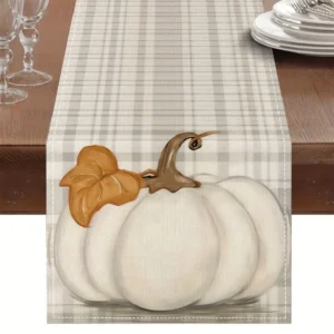 1 Piece of Autumn Plaid Pumpkin Table Runner, Light Gray Plaid White Pumpkin, Brown Leaf, Suitable for Restaurant, Home, Harvest Party