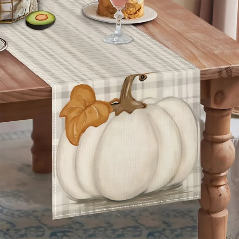 1 Piece of Autumn Plaid Pumpkin Table Runner, Light Gray Plaid White Pumpkin, Brown Leaf, Suitable for Restaurant, Home, Harvest Party - Image 2