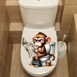 20cm Cartoon Monkey Sitting on The Toilet Reading A Newspaper Stickers Toilet Lid Decal Toilet Home Decoration for Bathroom