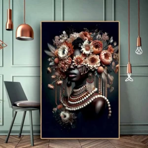 African Black Woman Flower Crown Headdress Art Poster Modern Luxury Colorful Floral Woman Canvas Painting Living Room Home Decor