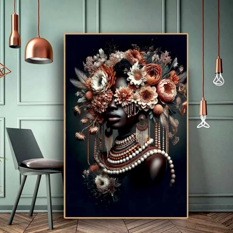 African Black Woman Flower Crown Headdress Art Poster Modern Luxury Colorful Floral Woman Canvas Painting Living Room Home Decor