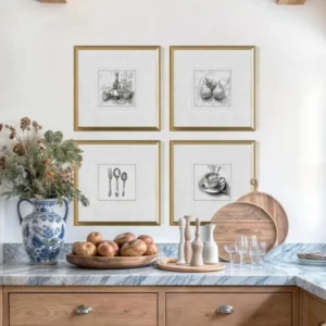 Set of 4 Minimalist Kitchen Sketch Art Canvas Prints Square Food Drink Drawing Wall Decor for Dining Room Kitchen Restaurant