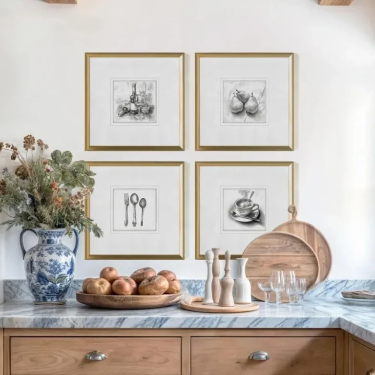 Set of 4 Minimalist Kitchen Sketch Art Canvas Prints Square Food Drink Drawing Wall Decor for Dining Room Kitchen Restaurant