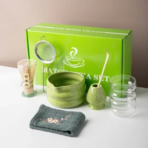 BespritGift Japanese Matcha Set 7pc Glass Cup Ceramic Bowl 100Prong Whisk Tea Scoop Ceremony Tools Complete Kit Gift Box