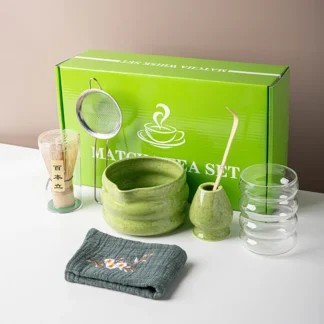 BespritGift Japanese Matcha Set 7pc Glass Cup Ceramic Bowl 100Prong Whisk Tea Scoop Ceremony Tools Complete Kit Gift Box