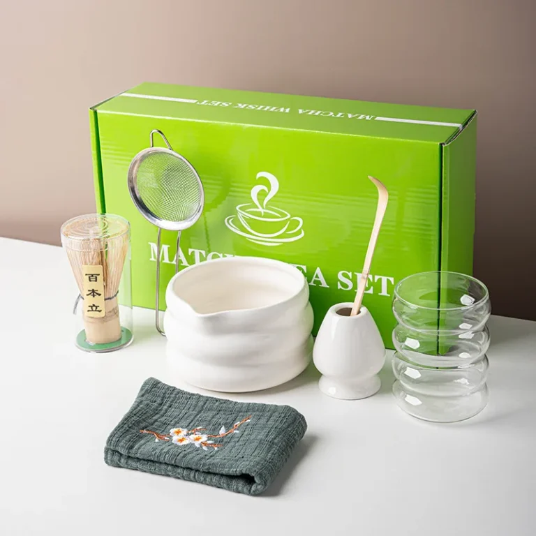 BespritGift Japanese Matcha Set 7pc Glass Cup Ceramic Bowl 100Prong Whisk Tea Scoop Ceremony Tools Complete Kit Gift Box - Image 2