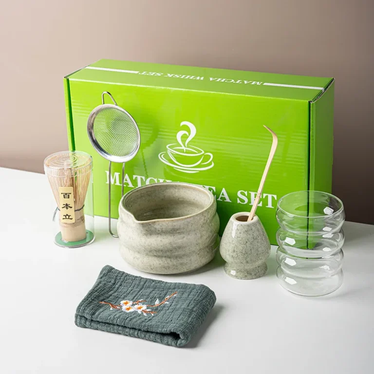 BespritGift Japanese Matcha Set 7pc Glass Cup Ceramic Bowl 100Prong Whisk Tea Scoop Ceremony Tools Complete Kit Gift Box - Image 3