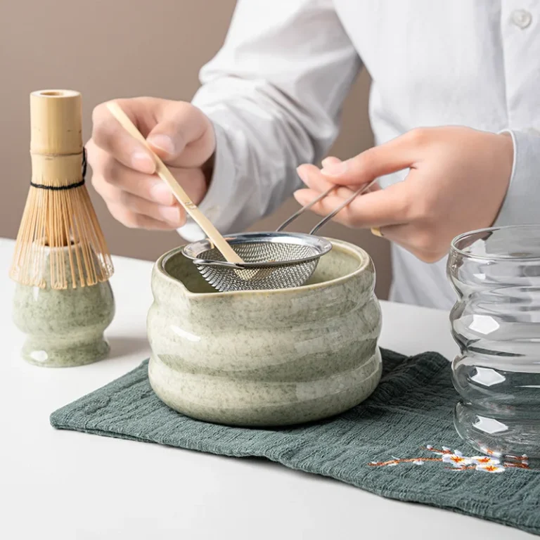 BespritGift Japanese Matcha Set 7pc Glass Cup Ceramic Bowl 100Prong Whisk Tea Scoop Ceremony Tools Complete Kit Gift Box - Image 4