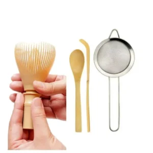 4Pcs Matcha Whisk Set Plastic Matcha Whisk Traditional Bamboo Wood Tea Scoop Deep Scoop Tea Strainer Clear Whisk