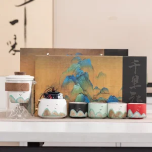 Bespritgift Tea Pot and Cup Set Luxury Ceramic Tea Cup Set Hand-Painted Mountain Landscape One Teapot & Four Cups Gift Sets