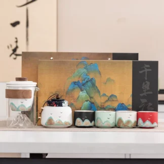 Bespritgift Tea Pot and Cup Set Luxury Ceramic Tea Cup Set Hand-Painted Mountain Landscape One Teapot & Four Cups Gift Sets