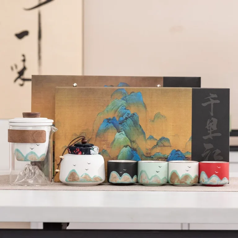 Bespritgift Tea Pot and Cup Set Luxury Ceramic Tea Cup Set Hand-Painted Mountain Landscape One Teapot & Four Cups Gift Sets