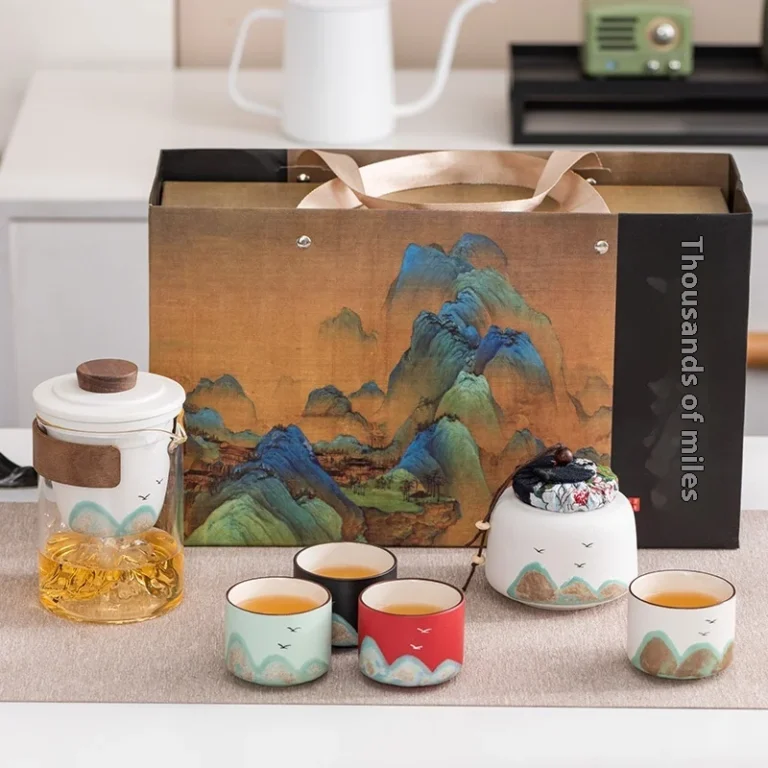 Bespritgift Tea Pot and Cup Set Luxury Ceramic Tea Cup Set Hand-Painted Mountain Landscape One Teapot & Four Cups Gift Sets - Image 2