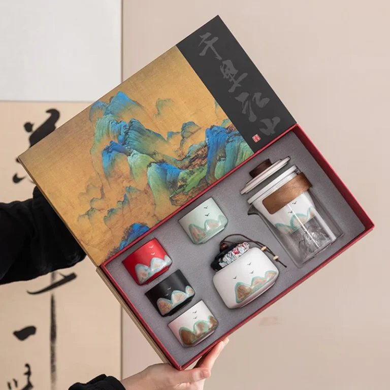 Bespritgift Tea Pot and Cup Set Luxury Ceramic Tea Cup Set Hand-Painted Mountain Landscape One Teapot & Four Cups Gift Sets - Image 3