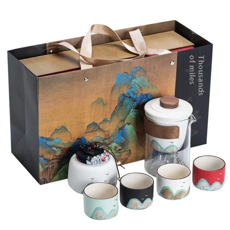 Bespritgift Tea Pot and Cup Set Luxury Ceramic Tea Cup Set Hand-Painted Mountain Landscape One Teapot & Four Cups Gift Sets - Image 6
