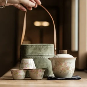 Mihuang Ru Kiln quick cup powder peach spring three cups square package ceramic travel kung fu tea set portable