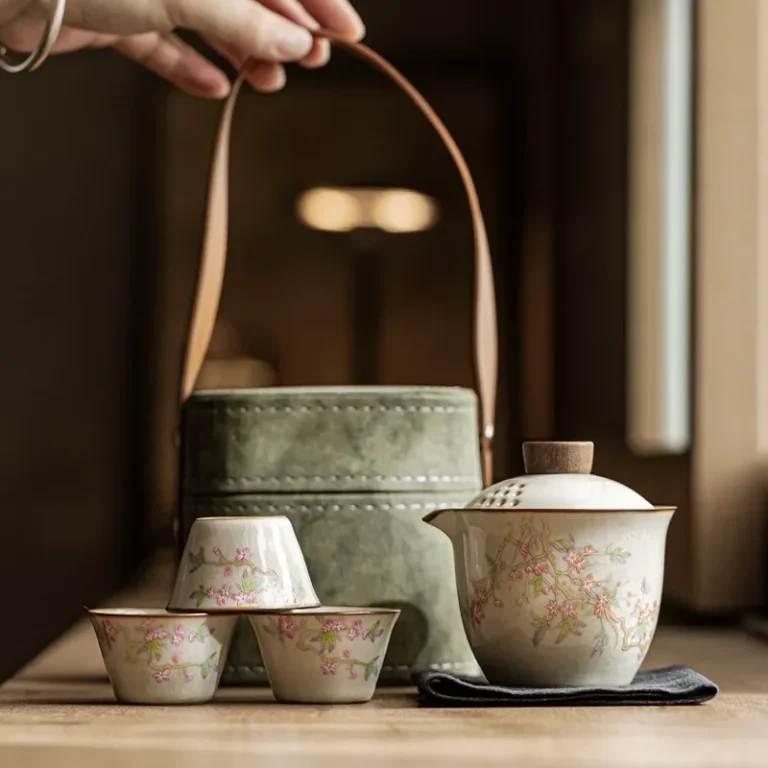 Mihuang Ru Kiln quick cup powder peach spring three cups square package ceramic travel kung fu tea set portable