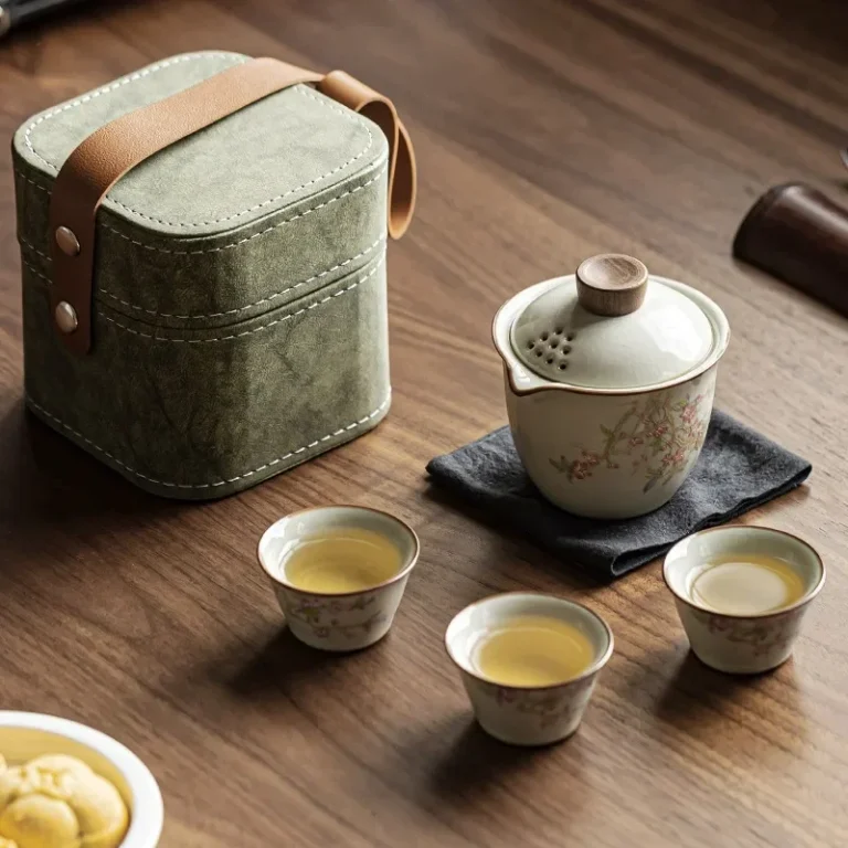 Mihuang Ru Kiln quick cup powder peach spring three cups square package ceramic travel kung fu tea set portable - Image 2