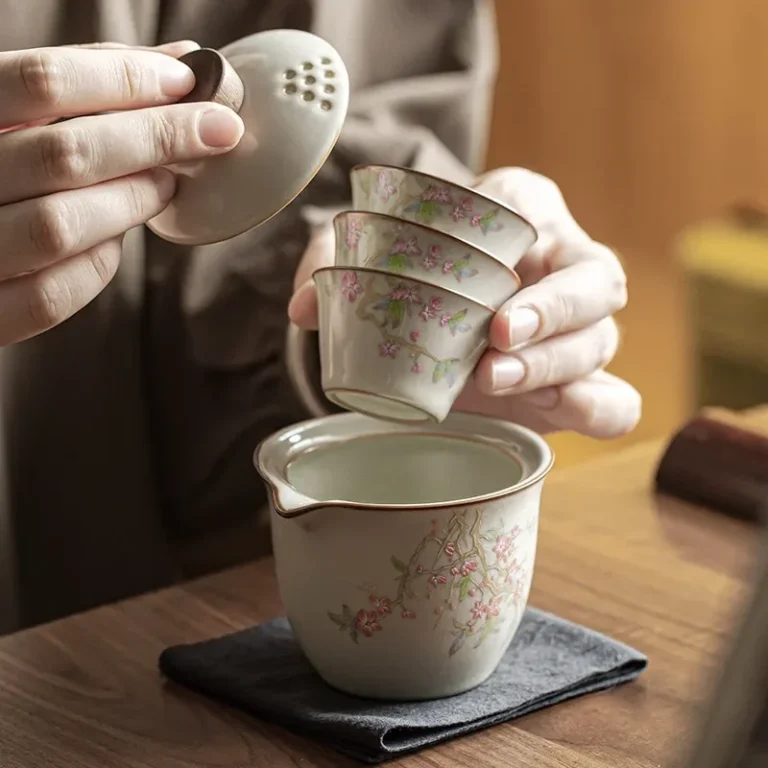Mihuang Ru Kiln quick cup powder peach spring three cups square package ceramic travel kung fu tea set portable - Image 3