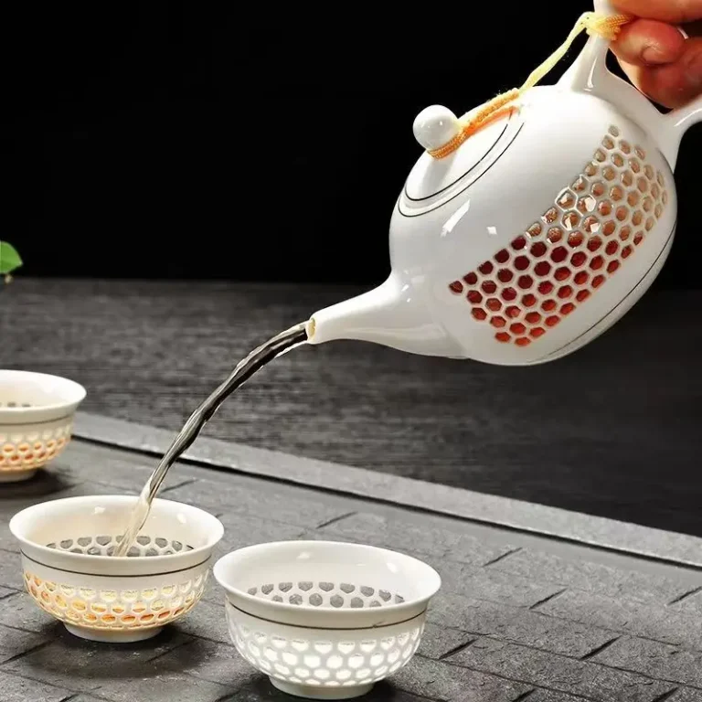 New White Porcelain Hollow Tea Set Chinese Kung Fu Home Teaware Ceremony Puer Kettle Pot 6 Tea Cups - Image 2