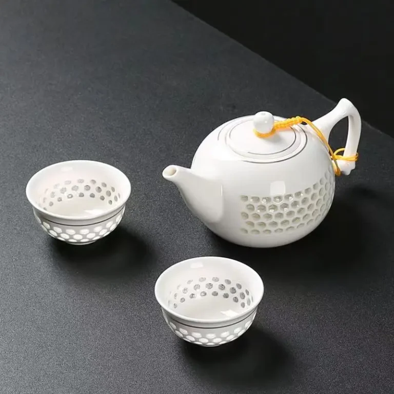 New White Porcelain Hollow Tea Set Chinese Kung Fu Home Teaware Ceremony Puer Kettle Pot 6 Tea Cups - Image 5