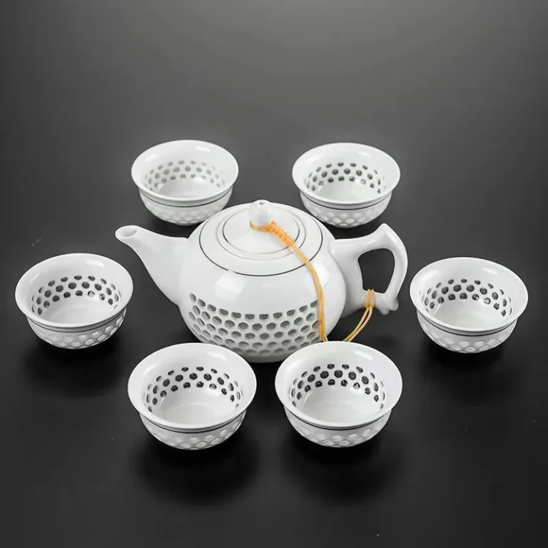 New White Porcelain Hollow Tea Set Chinese Kung Fu Home Teaware Ceremony Puer Kettle Pot 6 Tea Cups - Image 6