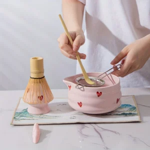 Set of 7, Japanese Matcha egg beater Set, Ceramic Matcha Set, 7-piece matcha set, suitable for matcha lovers (pink heart shape)