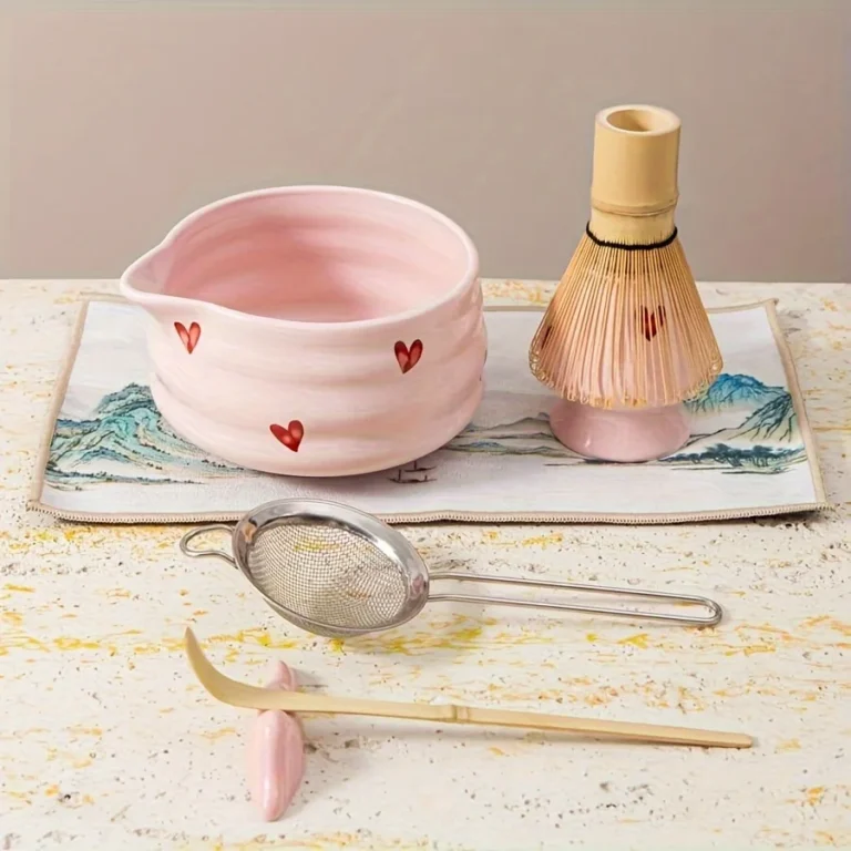 Set of 7, Japanese Matcha egg beater Set, Ceramic Matcha Set, 7-piece matcha set, suitable for matcha lovers (pink heart shape) - Image 2