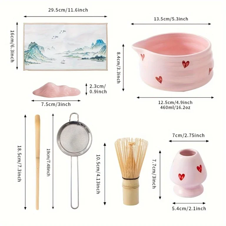Set of 7, Japanese Matcha egg beater Set, Ceramic Matcha Set, 7-piece matcha set, suitable for matcha lovers (pink heart shape) - Image 3