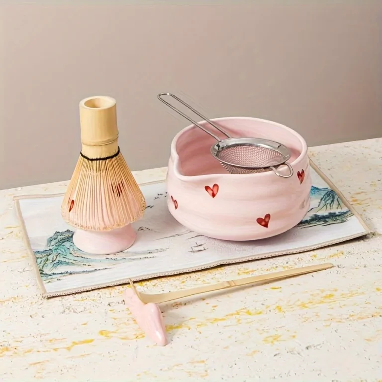 Set of 7, Japanese Matcha egg beater Set, Ceramic Matcha Set, 7-piece matcha set, suitable for matcha lovers (pink heart shape) - Image 4