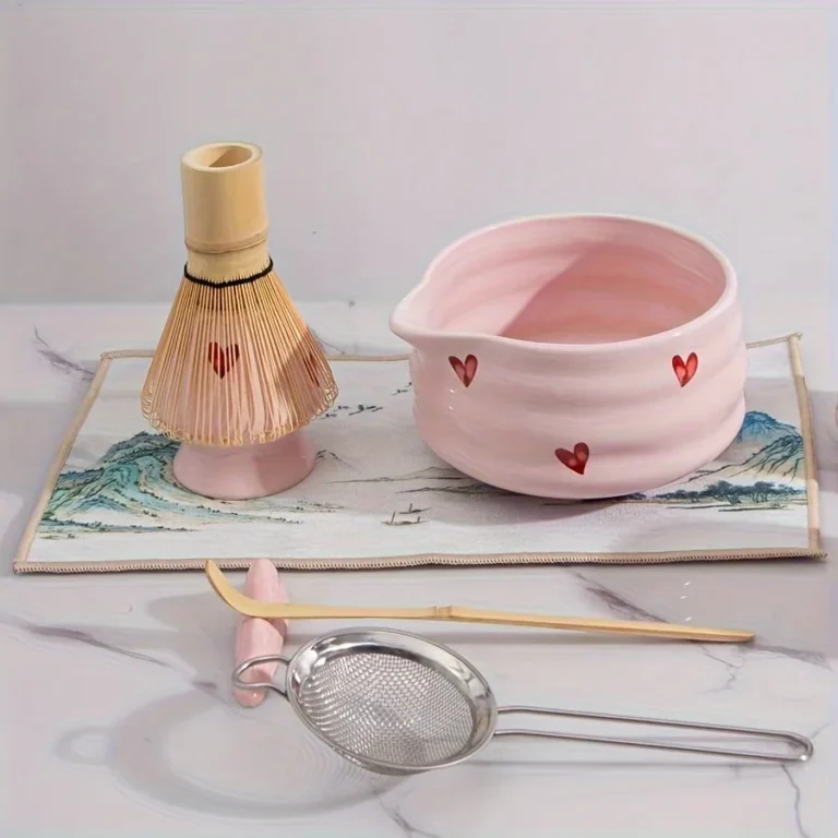 Set of 7, Japanese Matcha egg beater Set, Ceramic Matcha Set, 7-piece matcha set, suitable for matcha lovers (pink heart shape) - Image 5