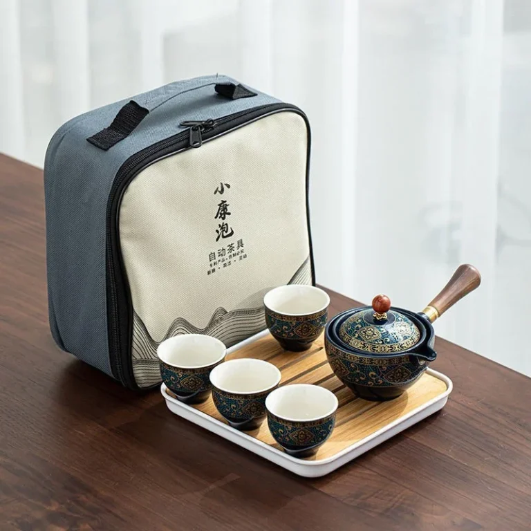 Chinese Gongfu Porcelain Tea Set with 360° Rotation Tea Maker and Infuser Portable travel Tea Cup Teapot Set All in One Gift Bag - Image 2
