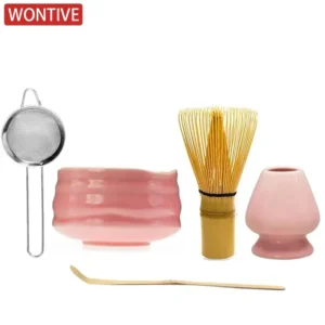 1/3/5pcs Japanese Ceramic Glossy Pink Matcha Bowl Macha Tea Whisk Chawan Chasen Holder Scoop Sifter Cup Ceremony Gift Set
